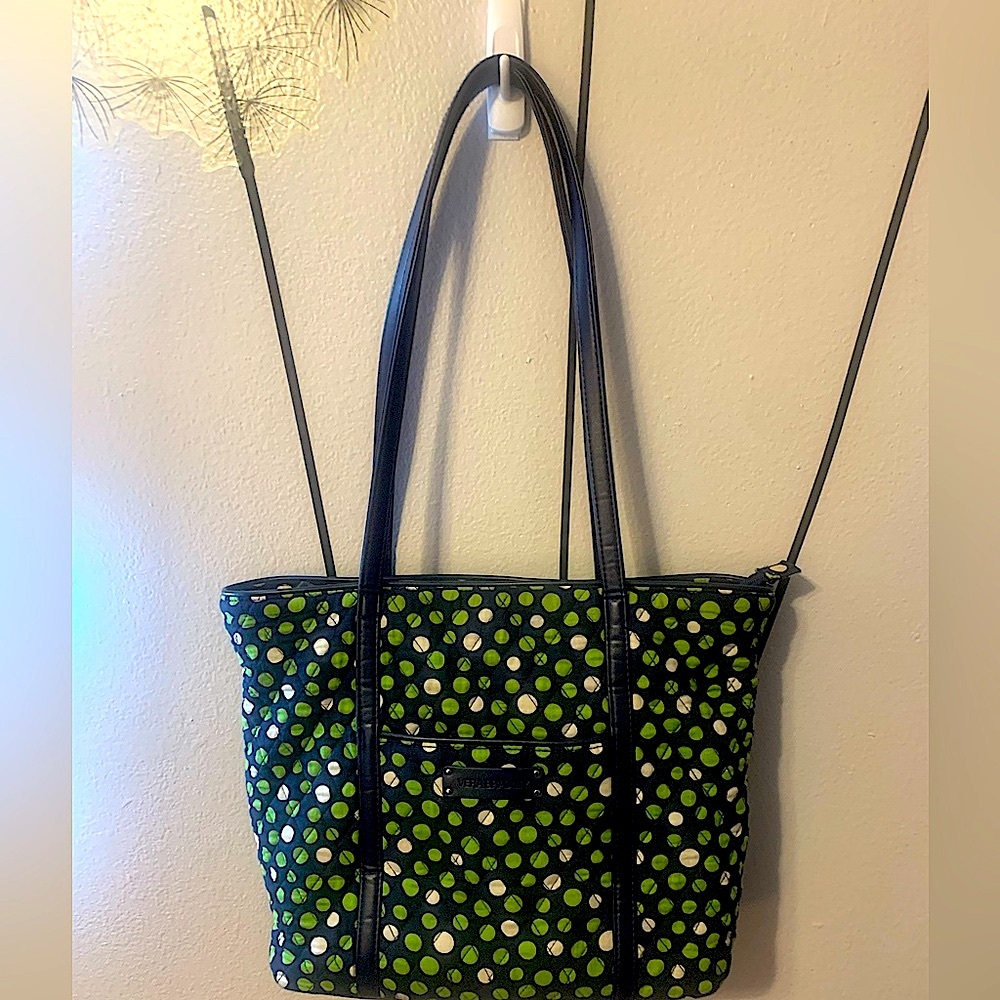 Vera Bradley Navy Blue & Green Tote with Polka Dot Pattern Excellent Condition